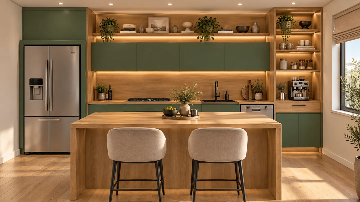 Natural wood and green kitchen interior with warm lighting