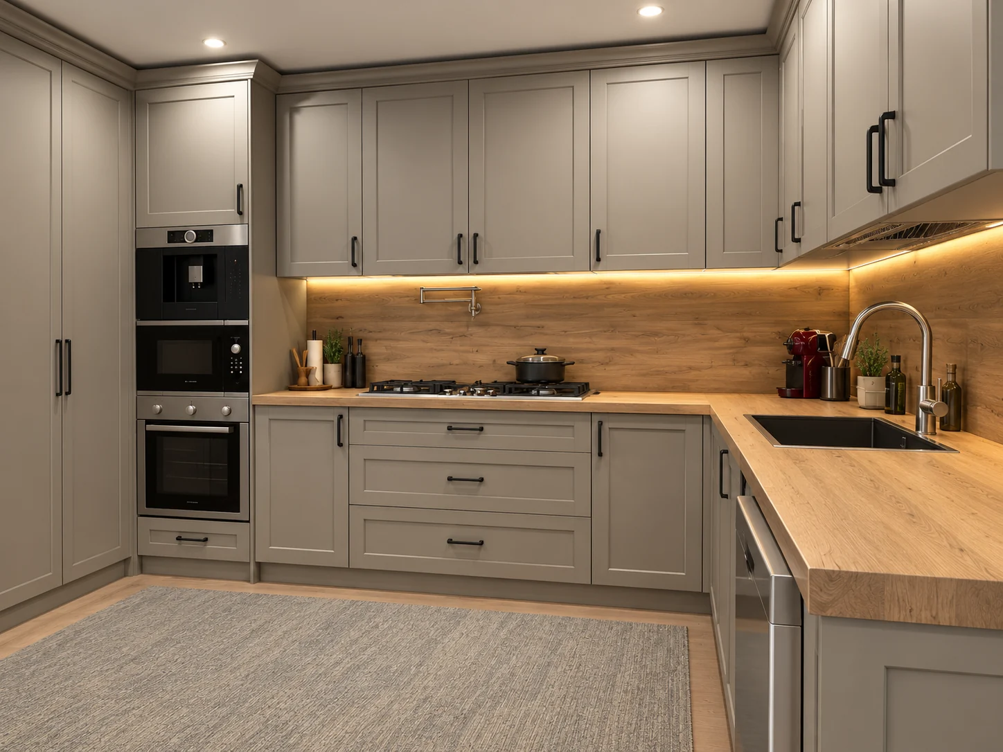 3D visualization of warm gray neoclassical cabinet doors and wood-look worktops