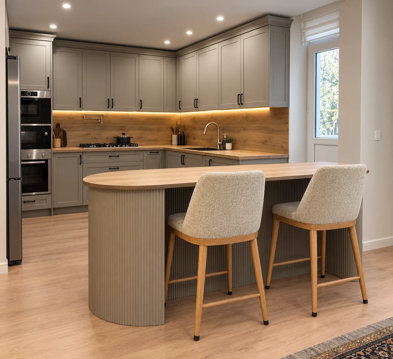 3D visualization of neoclassical cabinetry and peninsula